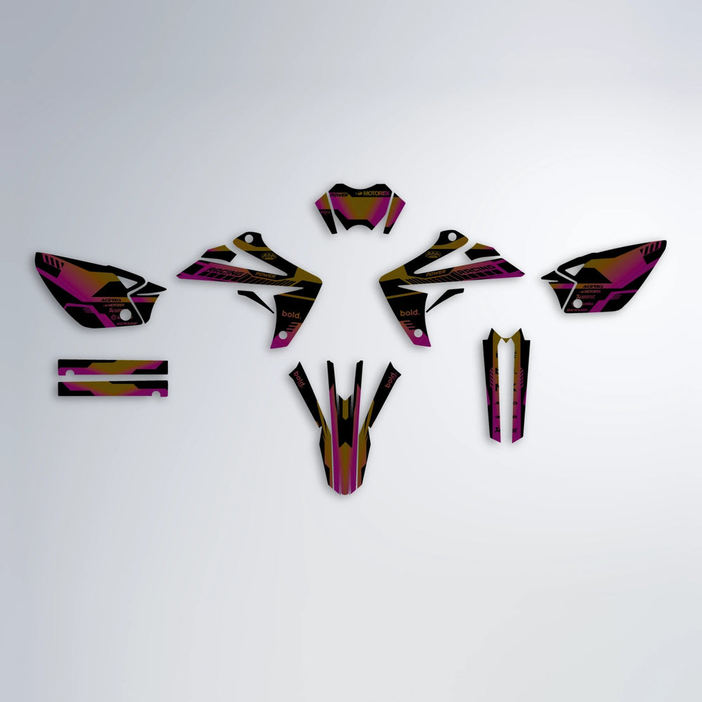 STEALTH Rieju MRT graphics kit parts layout in Pink & Yellow
