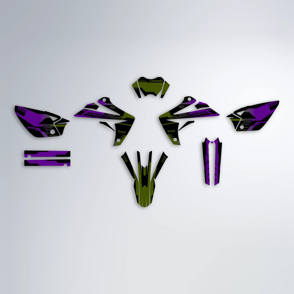 STEALTH Rieju MRT graphics kit parts layout in Purple & Yellow