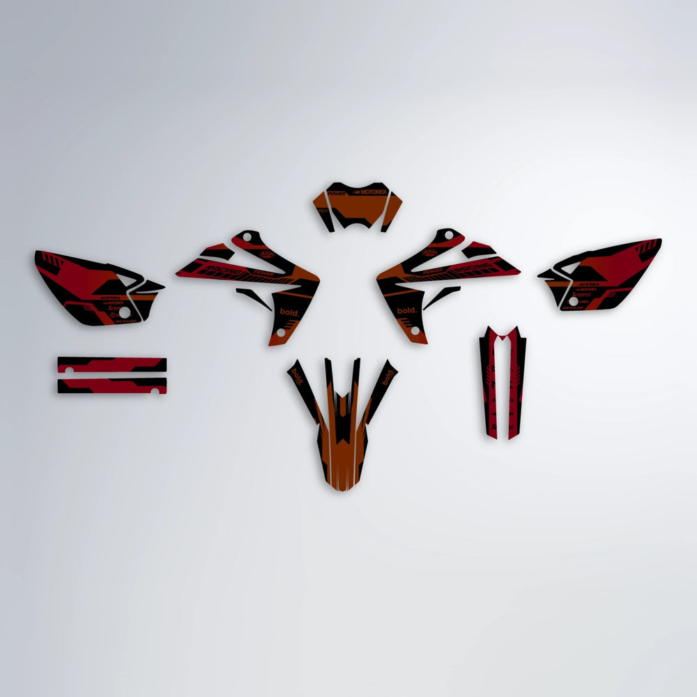 STEALTH Rieju MRT graphics kit parts layout in Red & Orange