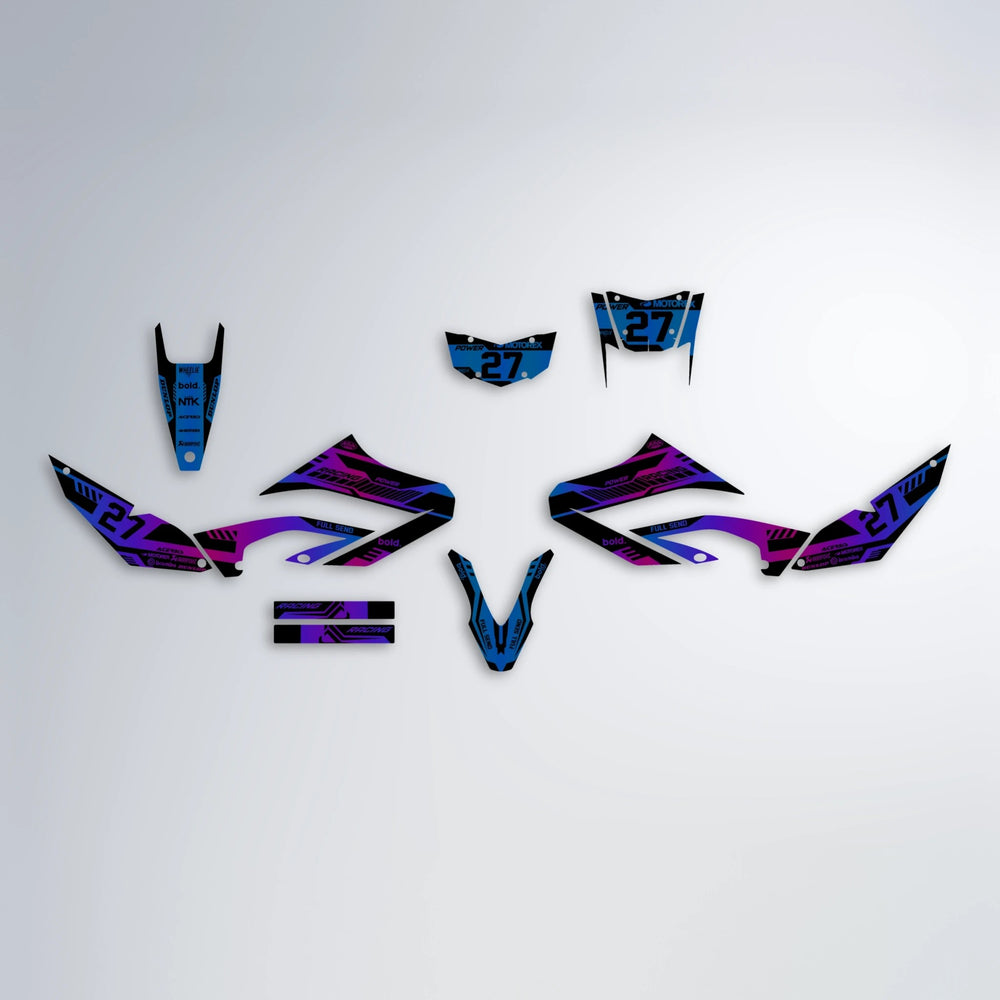 STEALTH Yamaha WR 125X graphics kit parts layout in Blue Purple Fade