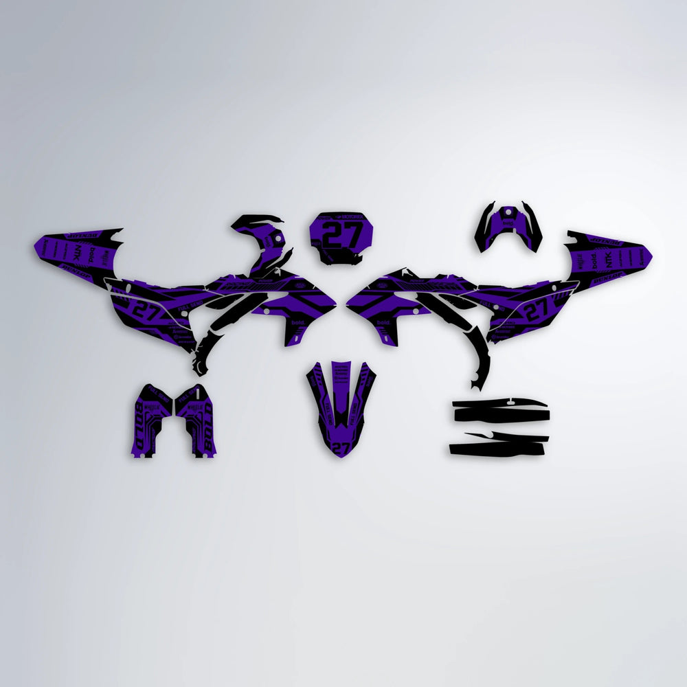 STEALTH Yamaha YZF MX graphics kit parts layout in Purple