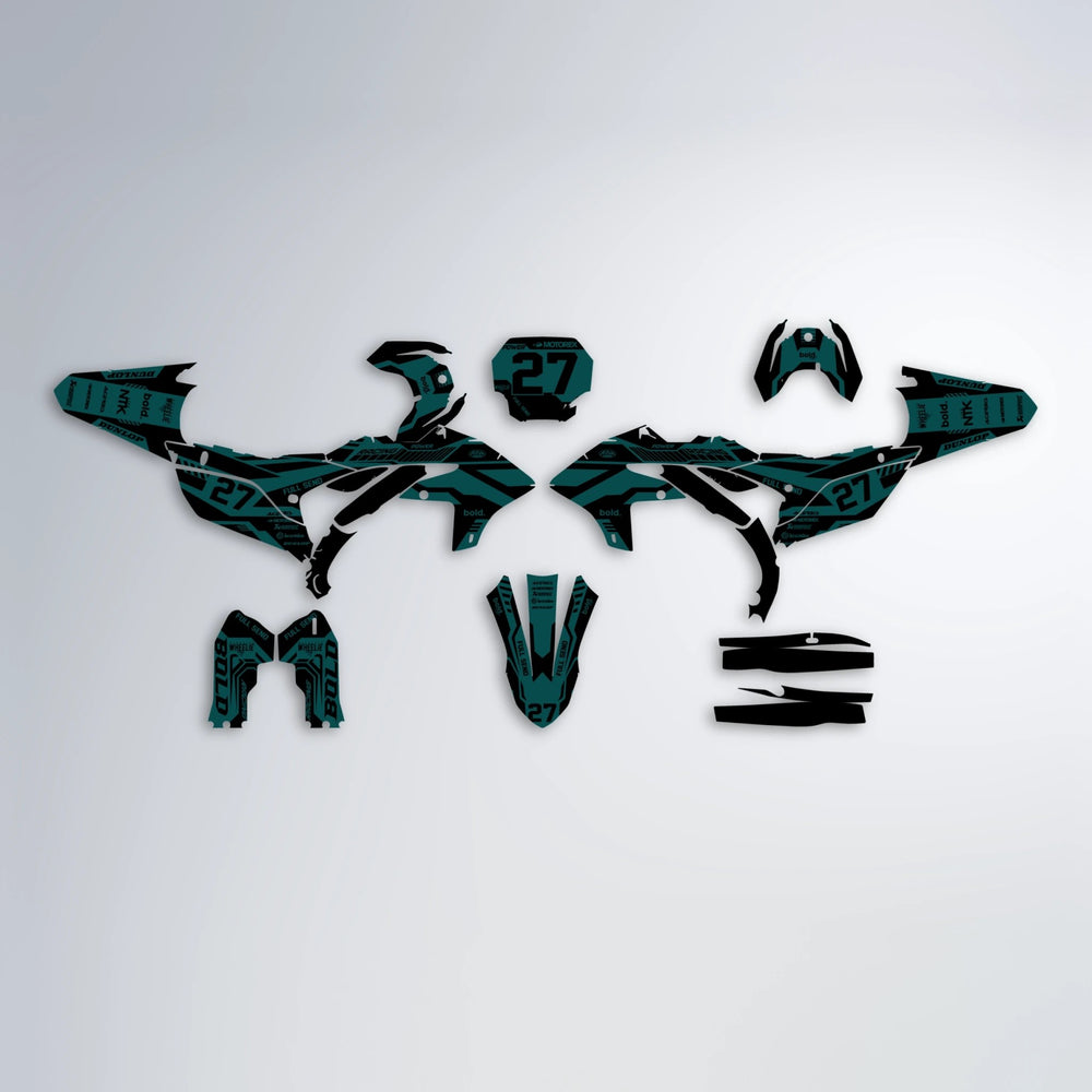 STEALTH Yamaha YZF MX graphics kit parts layout in Teal