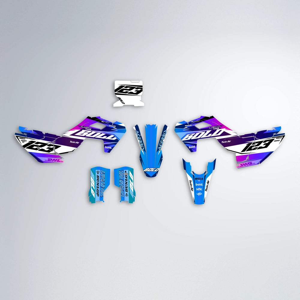 STENMARK Husqvarna FE/TE graphics kit parts layout in Blue Purple Fade