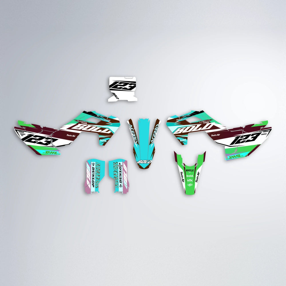 STENMARK Husqvarna FE/TE graphics kit parts layout in Cyan & Green