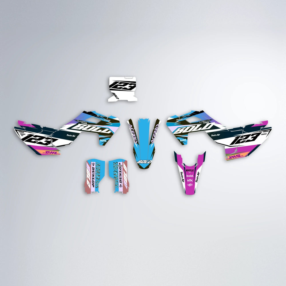 STENMARK Husqvarna FE/TE graphics kit parts layout in Pink & Light Blue