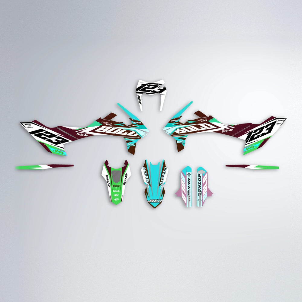STENMARK KTM SMC 690 graphics kit parts layout in Cyan & Green