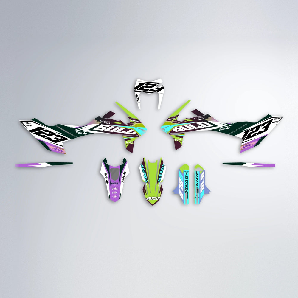 STENMARK KTM SMC 690 graphics kit parts layout in Purple & Yellow