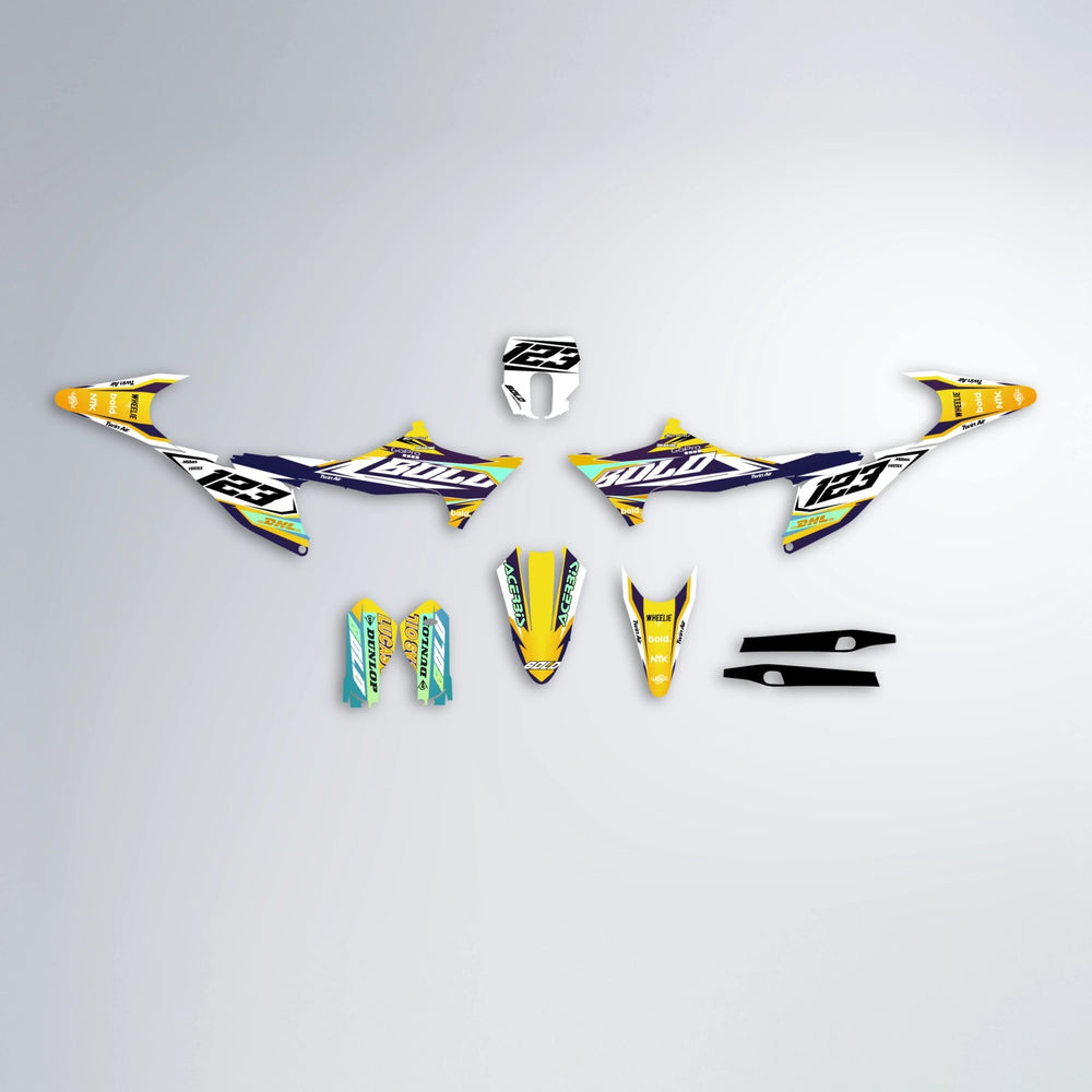 STENMARK Stark Varg MX graphics kit parts layout in Orange & Yellow