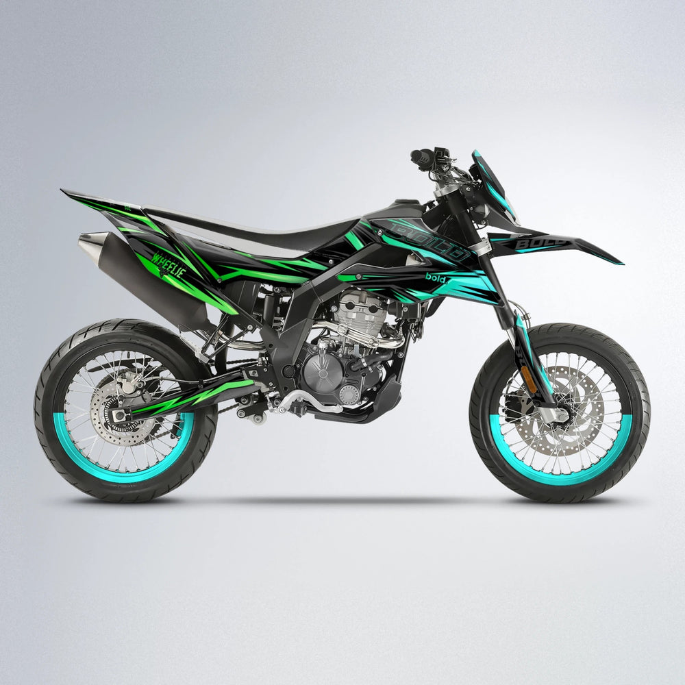 STORM Aprilia SX 125 supermoto graphics kit in Cyan & Green