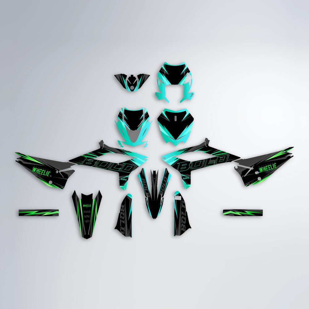 STORM Beta graphics kit parts layout in Cyan & Green