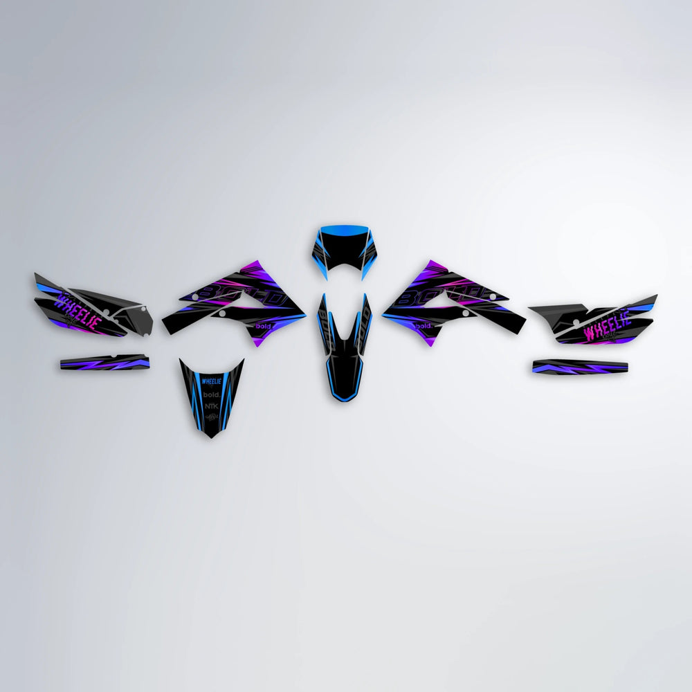 STORM Derbi Senda graphics kit parts layout in Blue Purple Fade