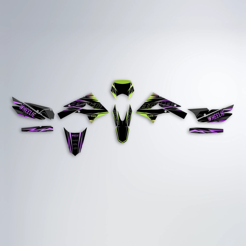 STORM Derbi Senda graphics kit parts layout in Purple & Yellow