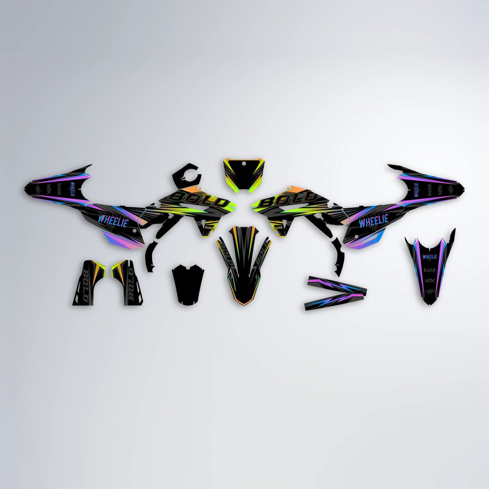 STORM Honda graphics kit parts layout in Purple & Yellow