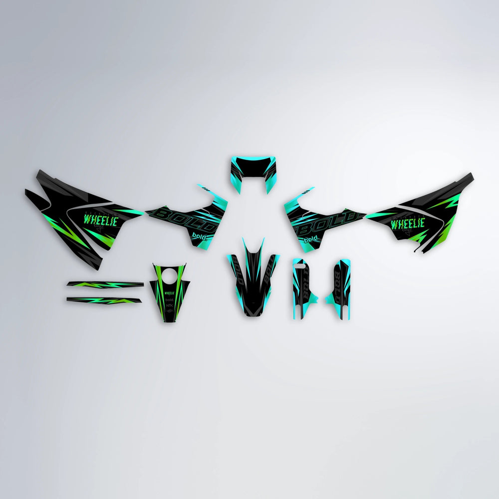 STORM Husqvarna 701 graphics kit parts layout in Cyan & Green