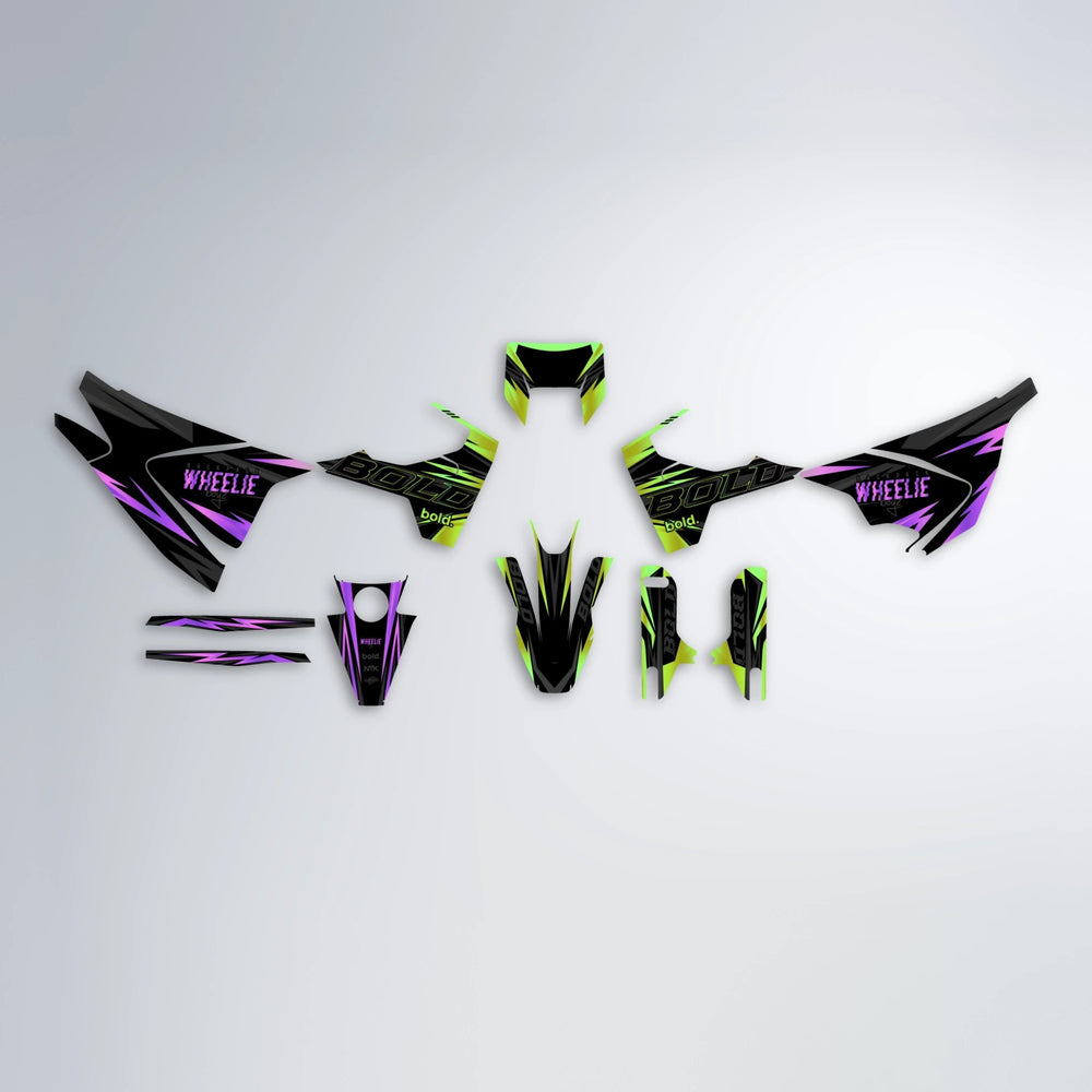 STORM Husqvarna 701 graphics kit parts layout in Purple & Yellow