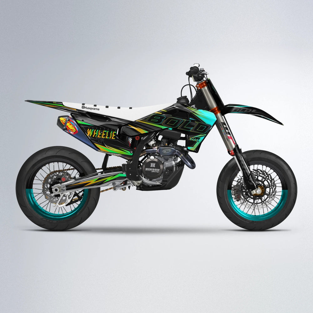 STORM Husqvarna FE/TE supermoto graphics kit in Cyan & Green