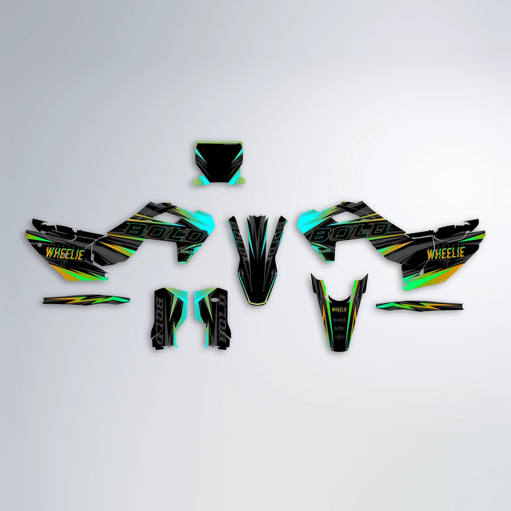 STORM Husqvarna FE/TE graphics kit parts layout in Cyan & Green