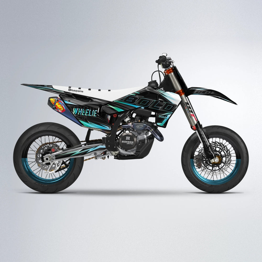 STORM Husqvarna FE/TE supermoto graphics kit in Light Blue & White