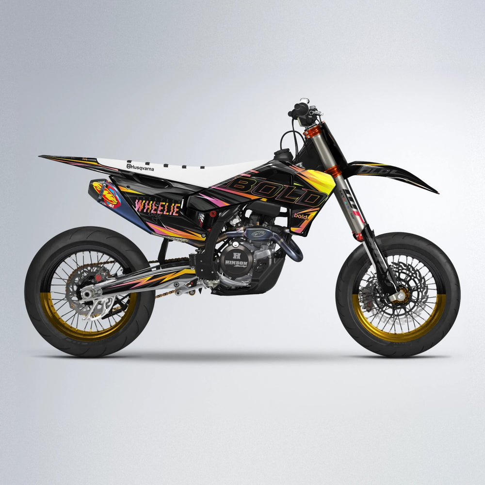 STORM Husqvarna FE/TE supermoto graphics kit in Orange & Yellow