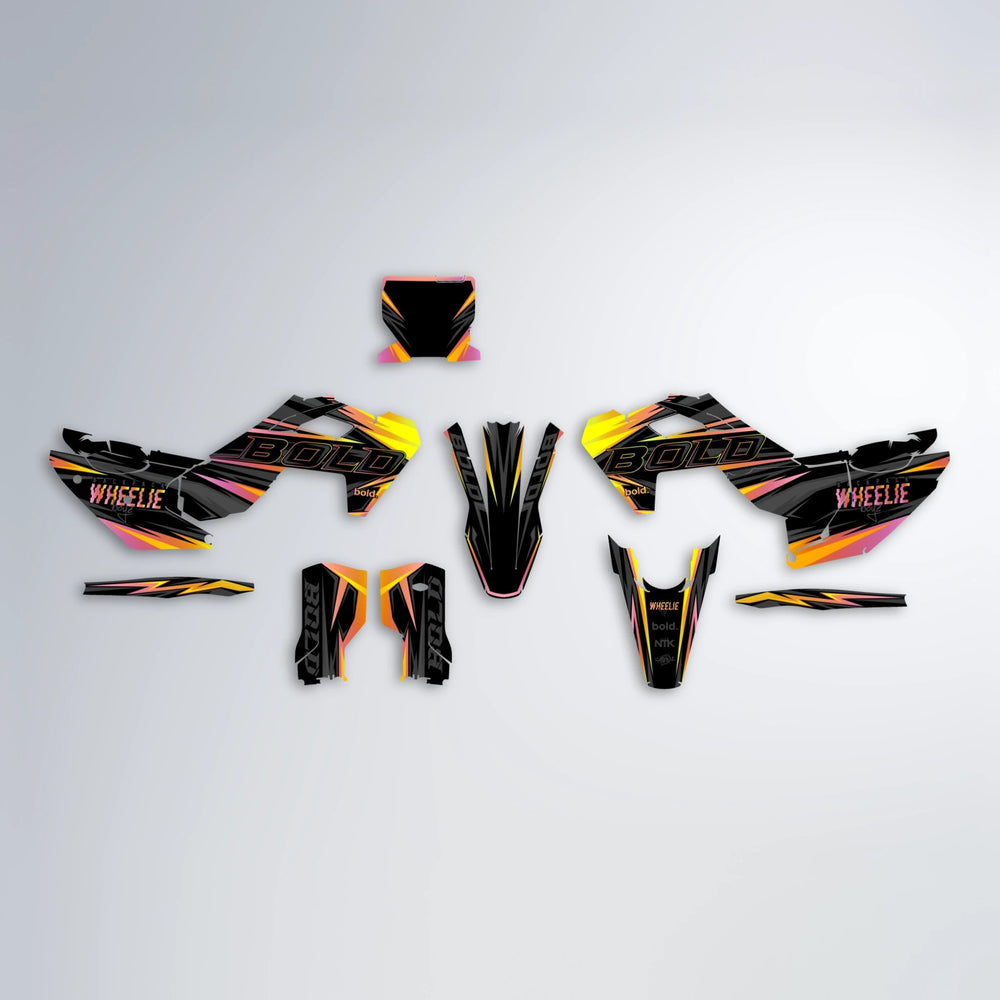 STORM Husqvarna FE/TE graphics kit parts layout in Orange & Yellow