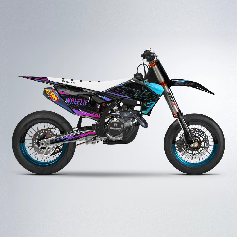 STORM Husqvarna FE/TE supermoto graphics kit in Pink & Light Blue