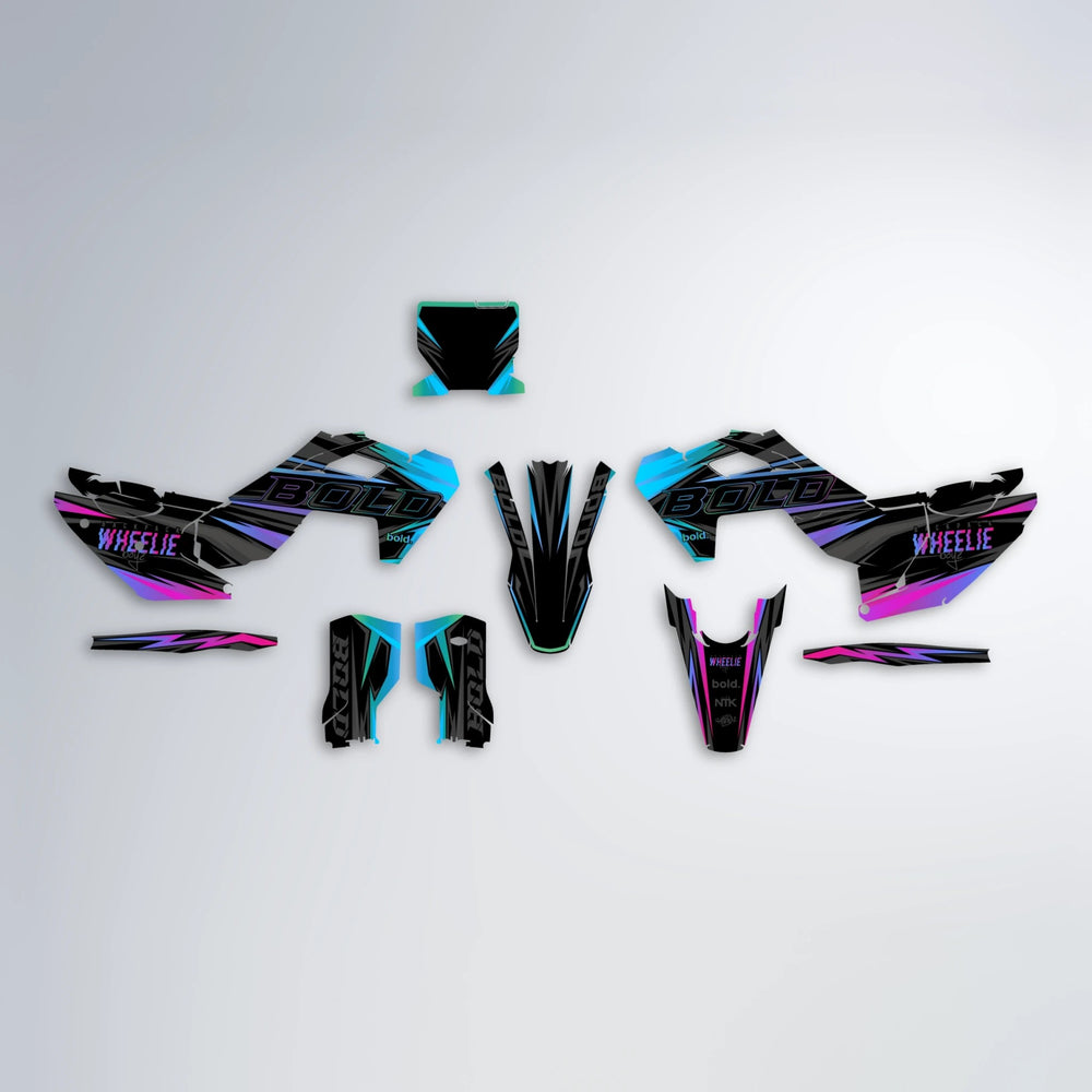 STORM Husqvarna FE/TE graphics kit parts layout in Pink & Light Blue