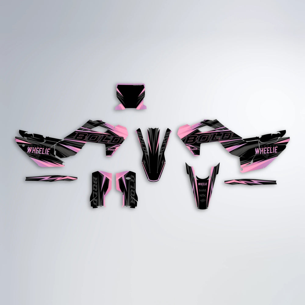 STORM Husqvarna FE/TE graphics kit parts layout in Sakura Pink