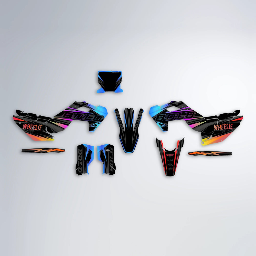 STORM Husqvarna FE/TE graphics kit parts layout in Sunset Fade