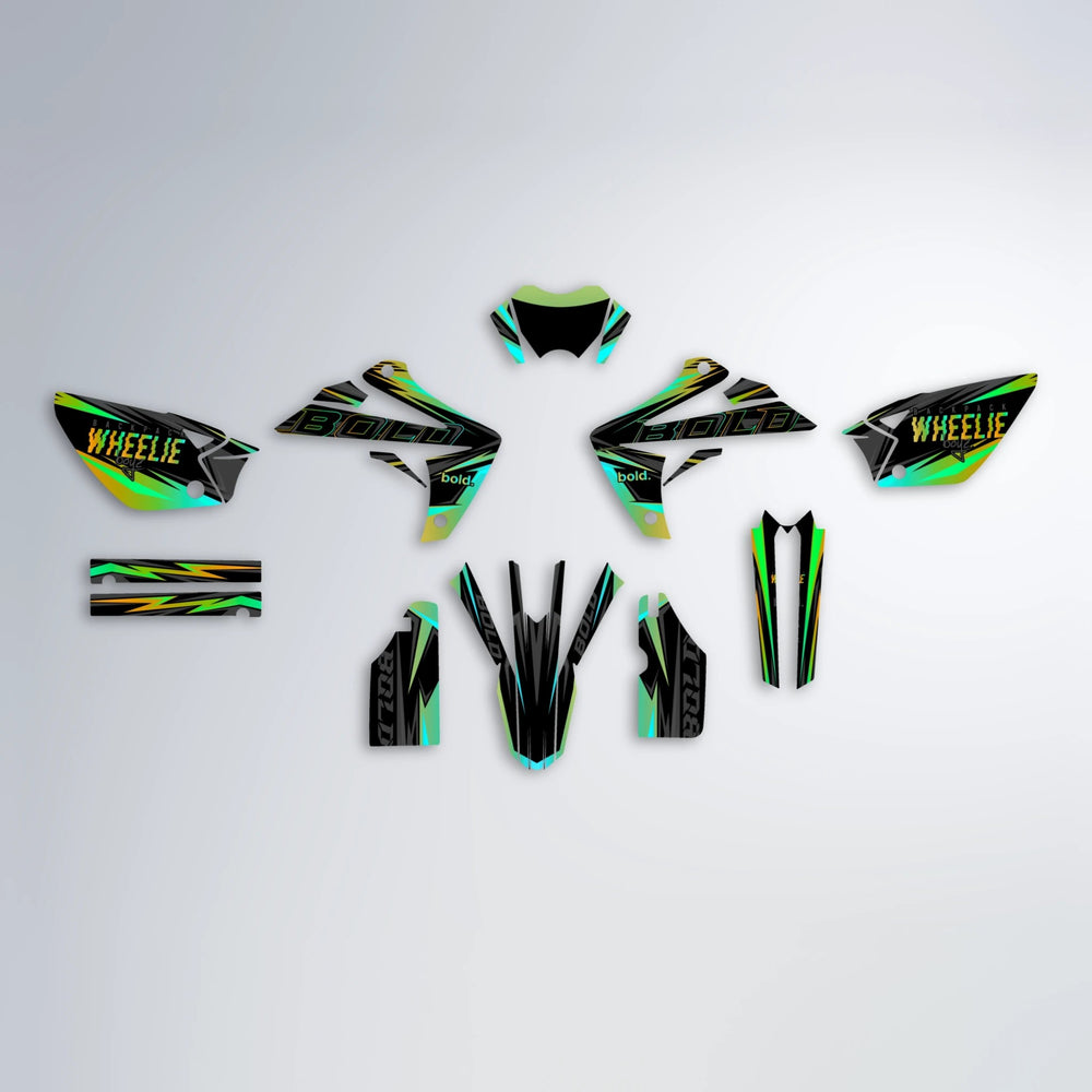 STORM Rieju MRT graphics kit parts layout in Cyan & Green