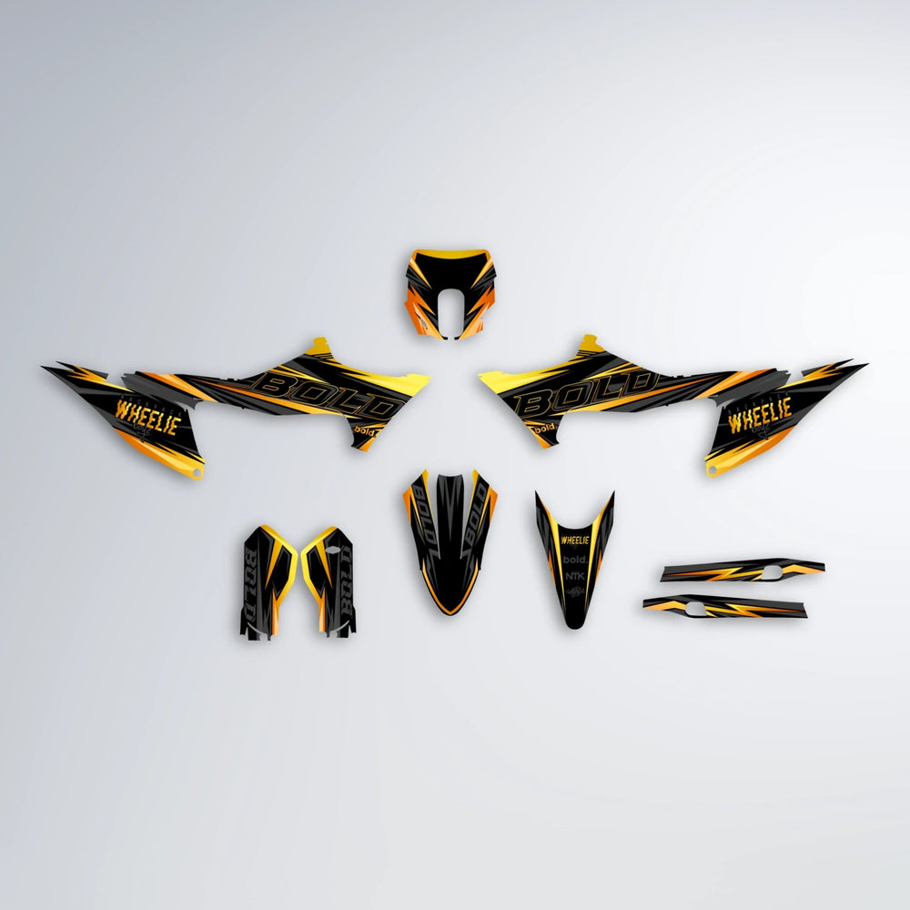 STORM Stark Varg SM graphics kit parts layout in Orange & Yellow
