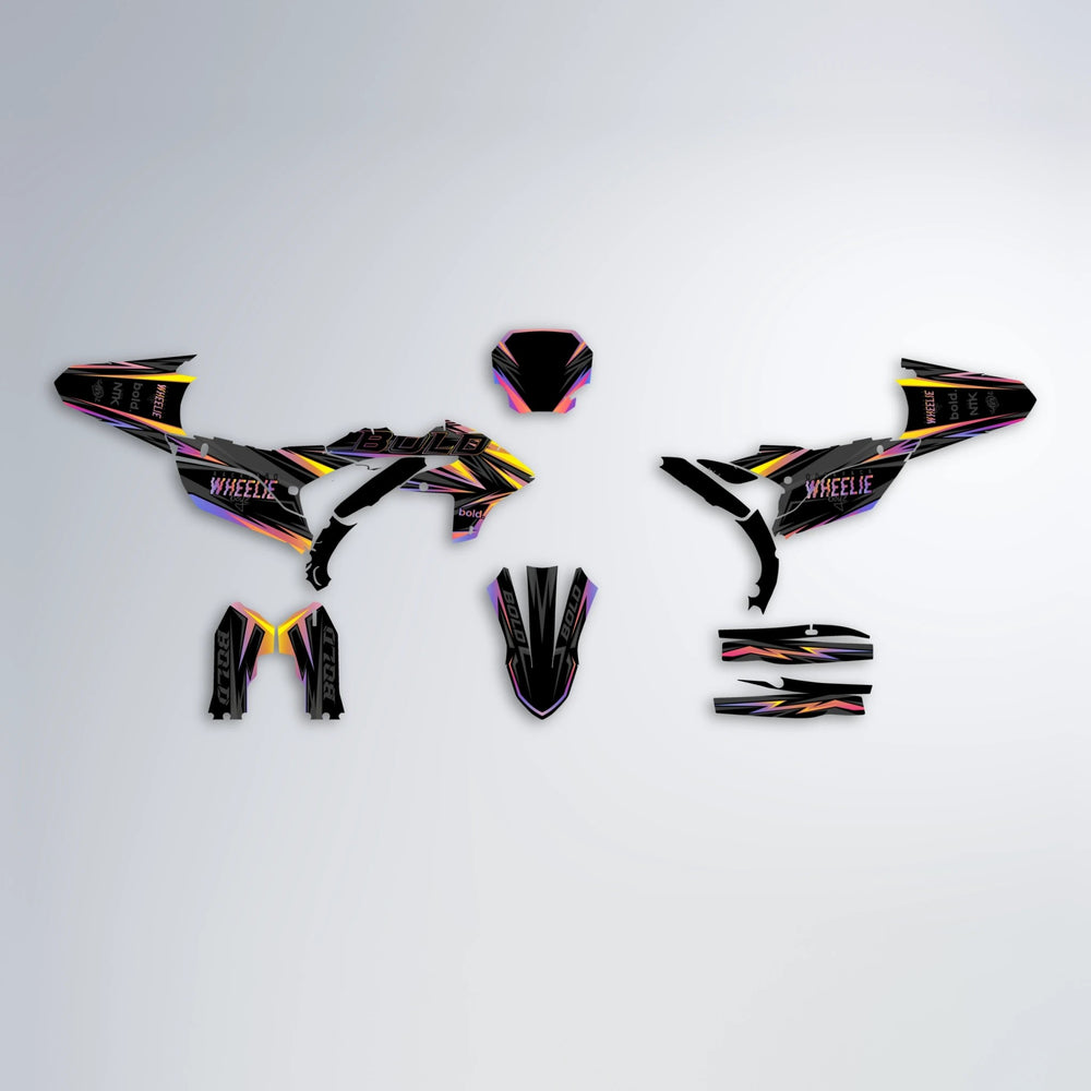 STORM Yamaha YZF MX graphics kit parts layout in Pink & Yellow