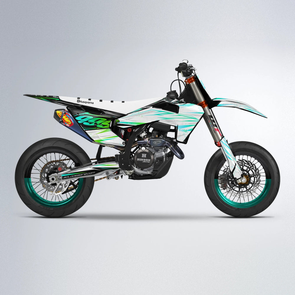 SUNRISE Husqvarna FE/TE supermoto graphics kit in Cyan & Green
