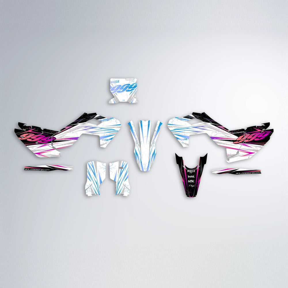 SUNRISE Husqvarna FE/TE graphics kit parts layout in Pink & Light Blue