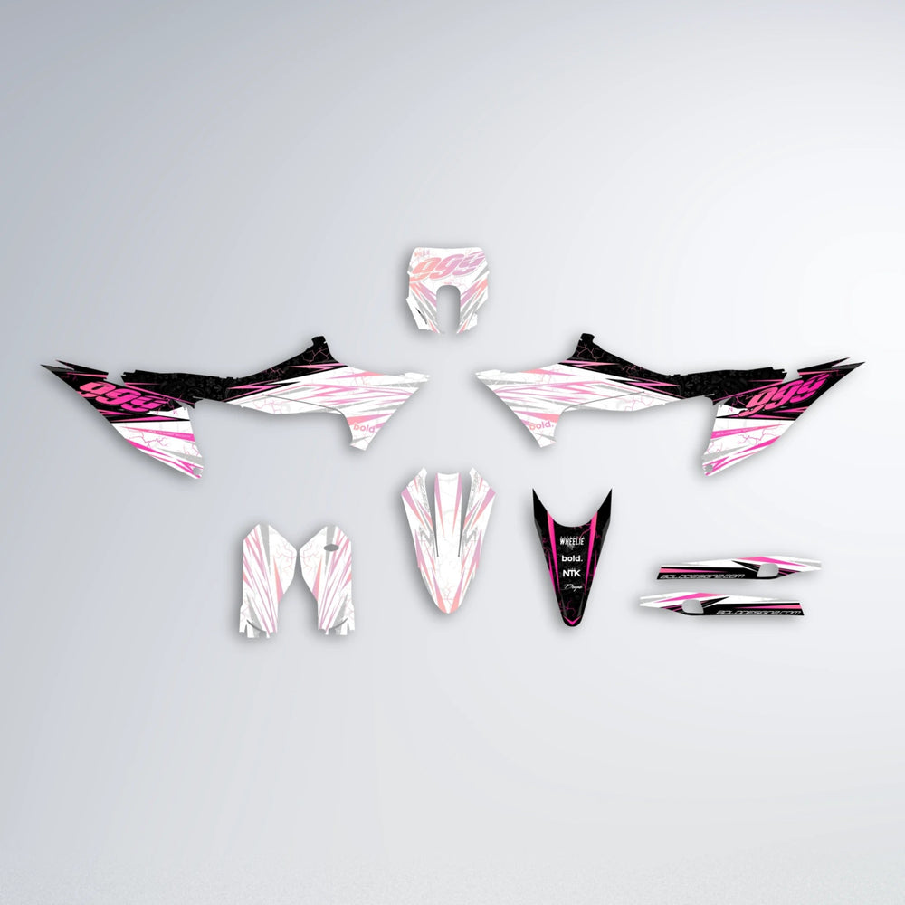 SUNRISE Stark Varg MX graphics kit parts layout in Flamingo