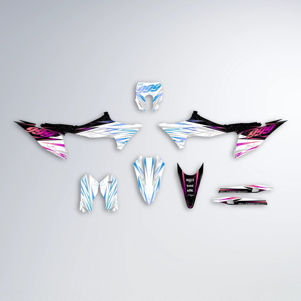 SUNRISE Stark Varg MX graphics kit parts layout in Pink & Light Blue