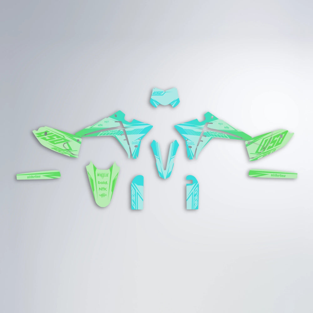 TEMPEST Fantic graphics kit parts layout in Cyan & Green