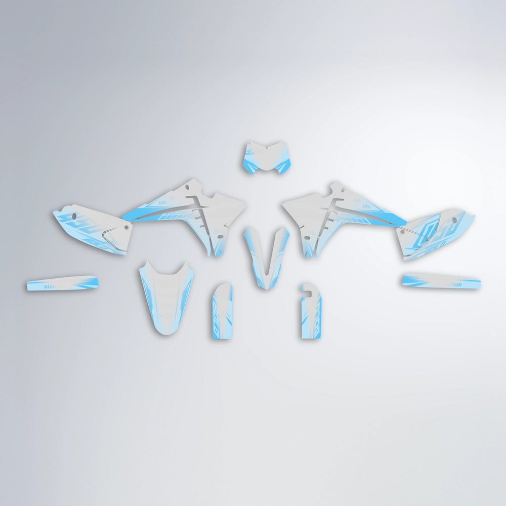 TEMPEST Fantic graphics kit parts layout in Light Blue & White