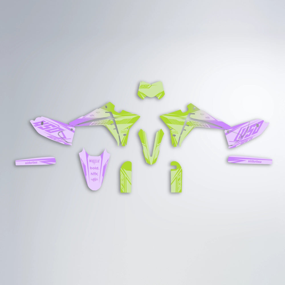 TEMPEST Fantic graphics kit parts layout in Purple & Yellow
