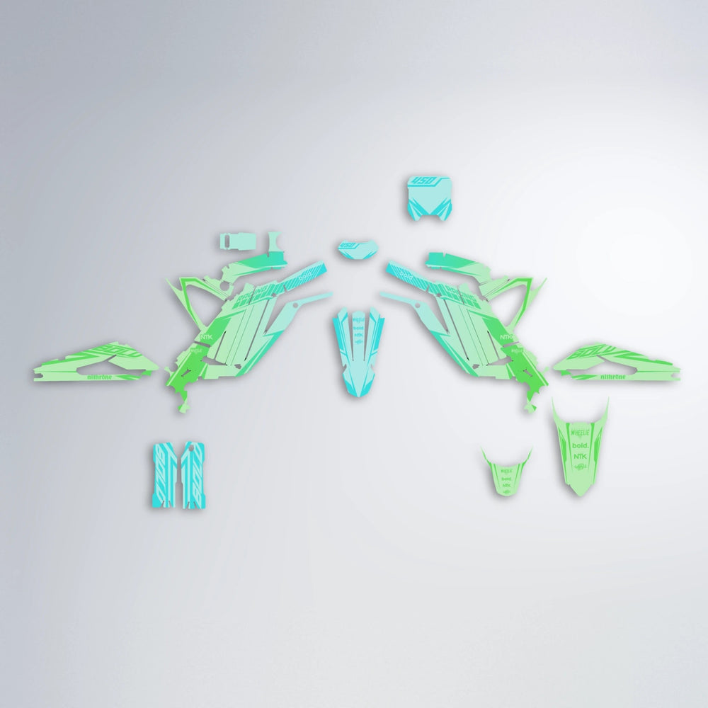 TEMPEST Sur-Ron Light Bee graphics kit parts layout in Cyan & Green