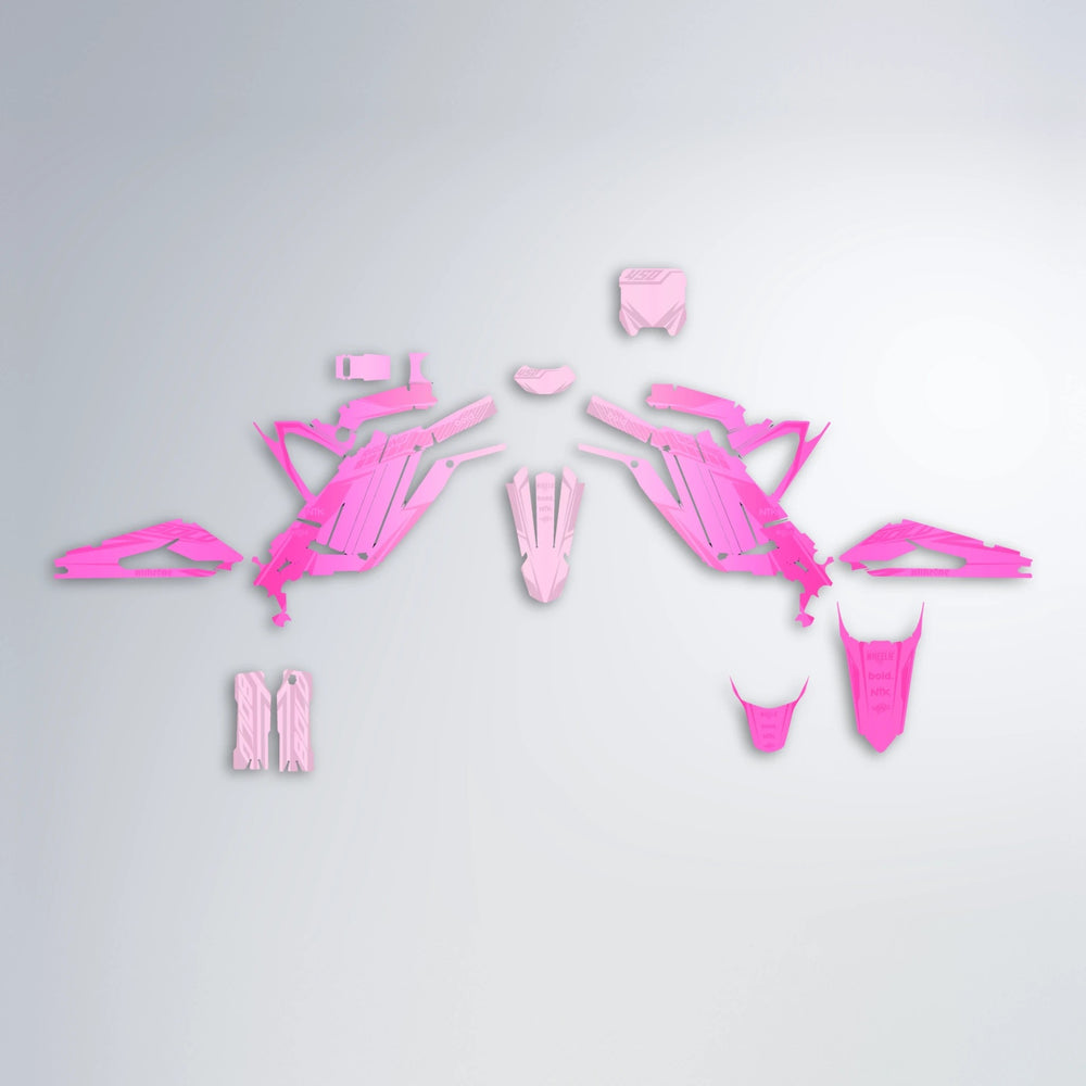 TEMPEST Sur-Ron Light Bee graphics kit parts layout in Flamingo