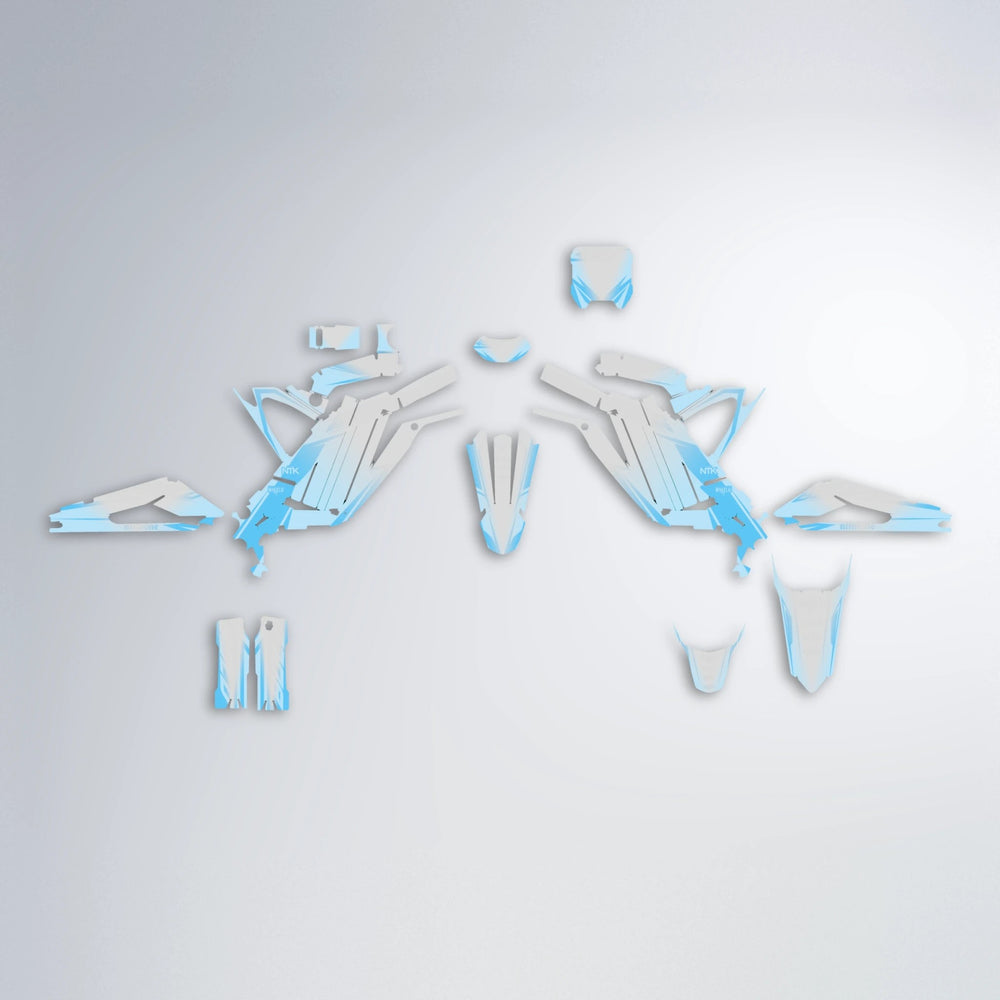 TEMPEST Sur-Ron Light Bee graphics kit parts layout in Light Blue & White