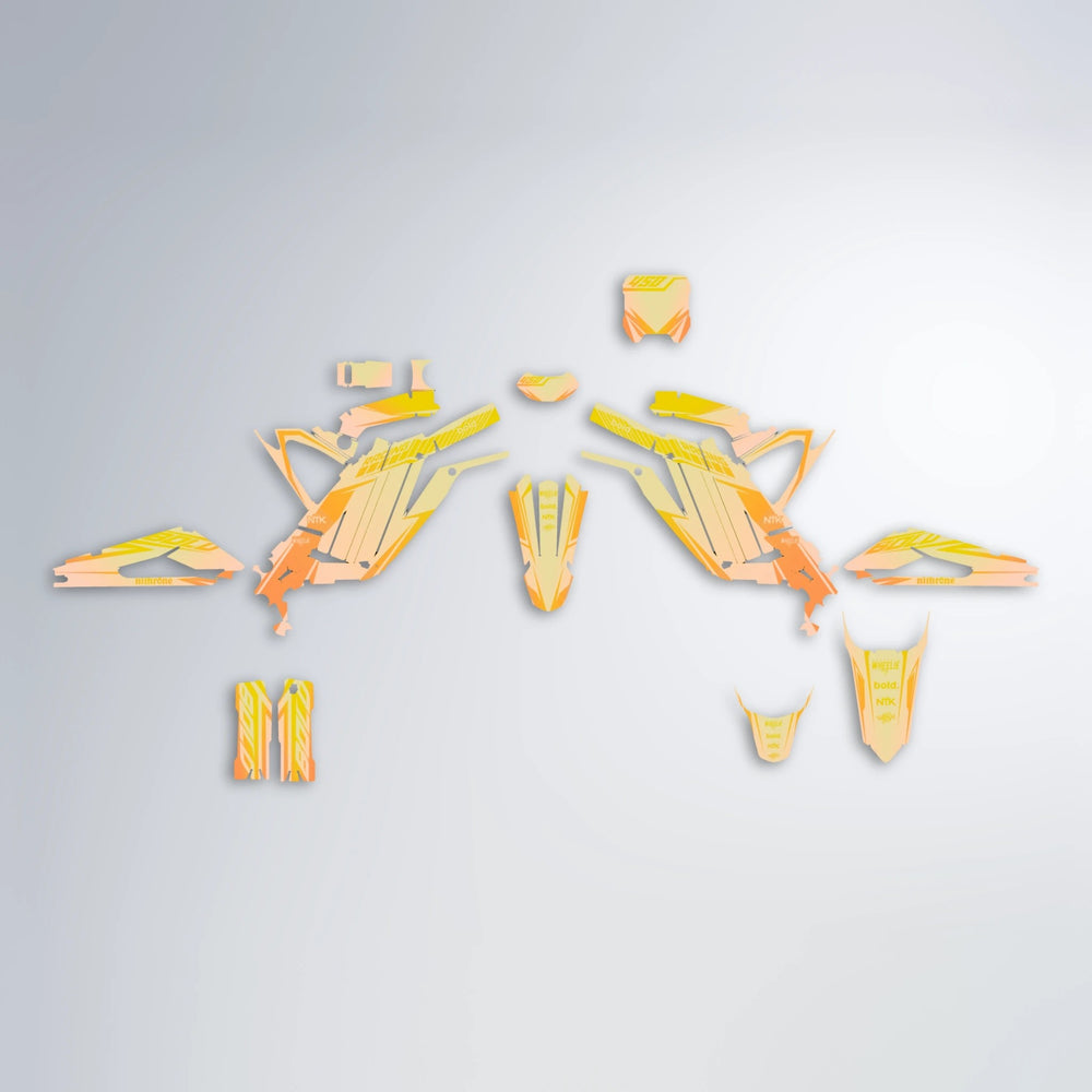 TEMPEST Sur-Ron Light Bee graphics kit parts layout in Orange & Yellow