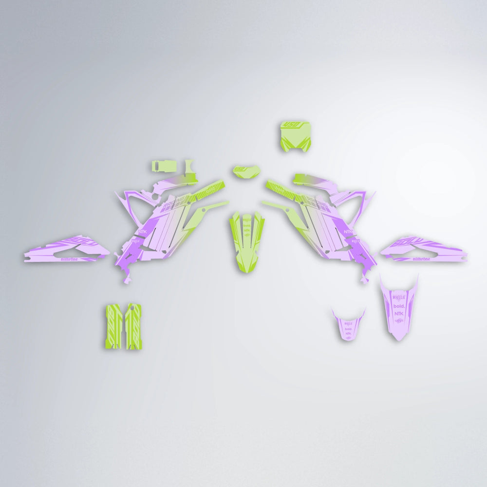 TEMPEST Sur-Ron Light Bee graphics kit parts layout in Purple & Yellow