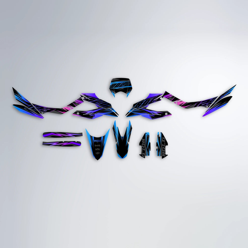 THUNDERSTRUCK Aprilia SX 125 graphics kit parts layout in Blue Purple Fade