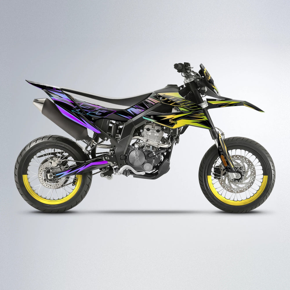 THUNDERSTRUCK Aprilia SX 125 supermoto graphics kit in Purple & Yellow