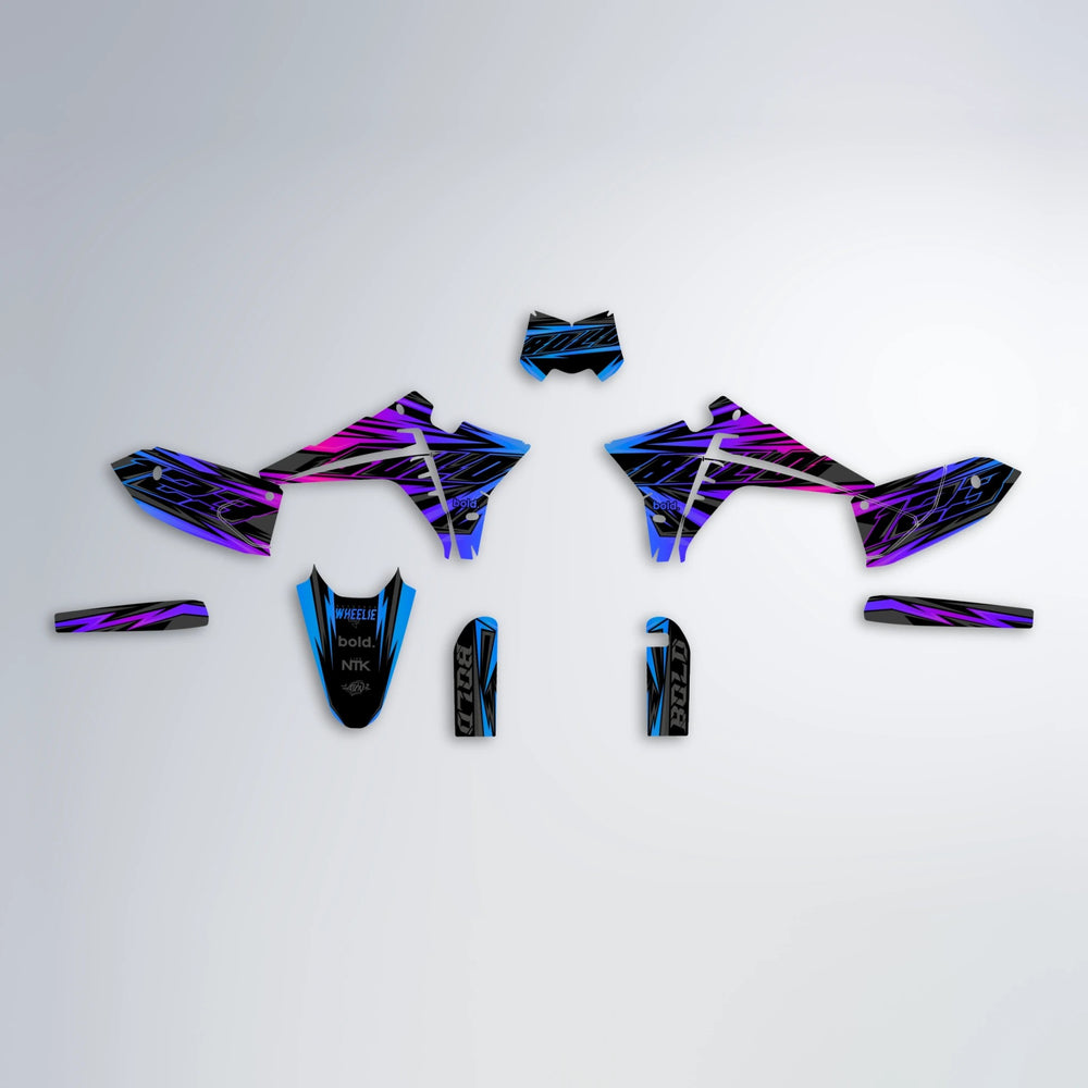 THUNDERSTRUCK Fantic graphics kit parts layout in Blue Purple Fade