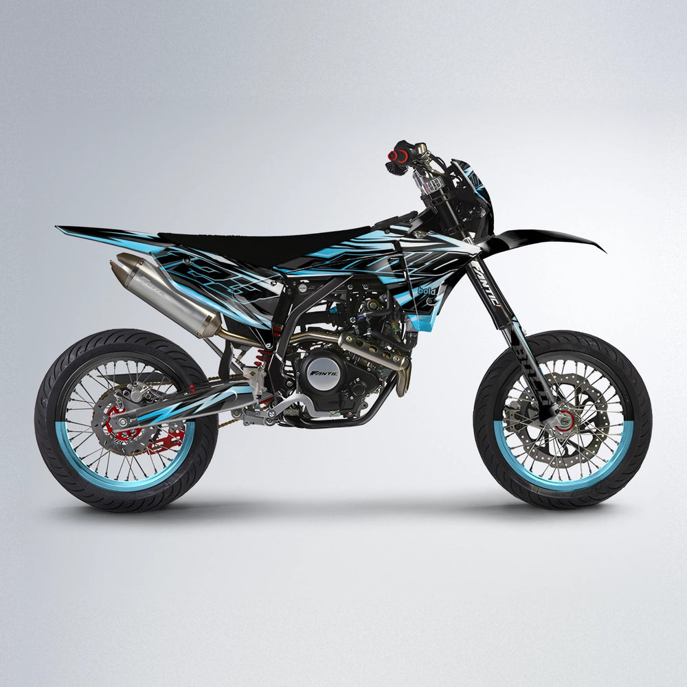 THUNDERSTRUCK Fantic supermoto graphics kit in Light Blue & White