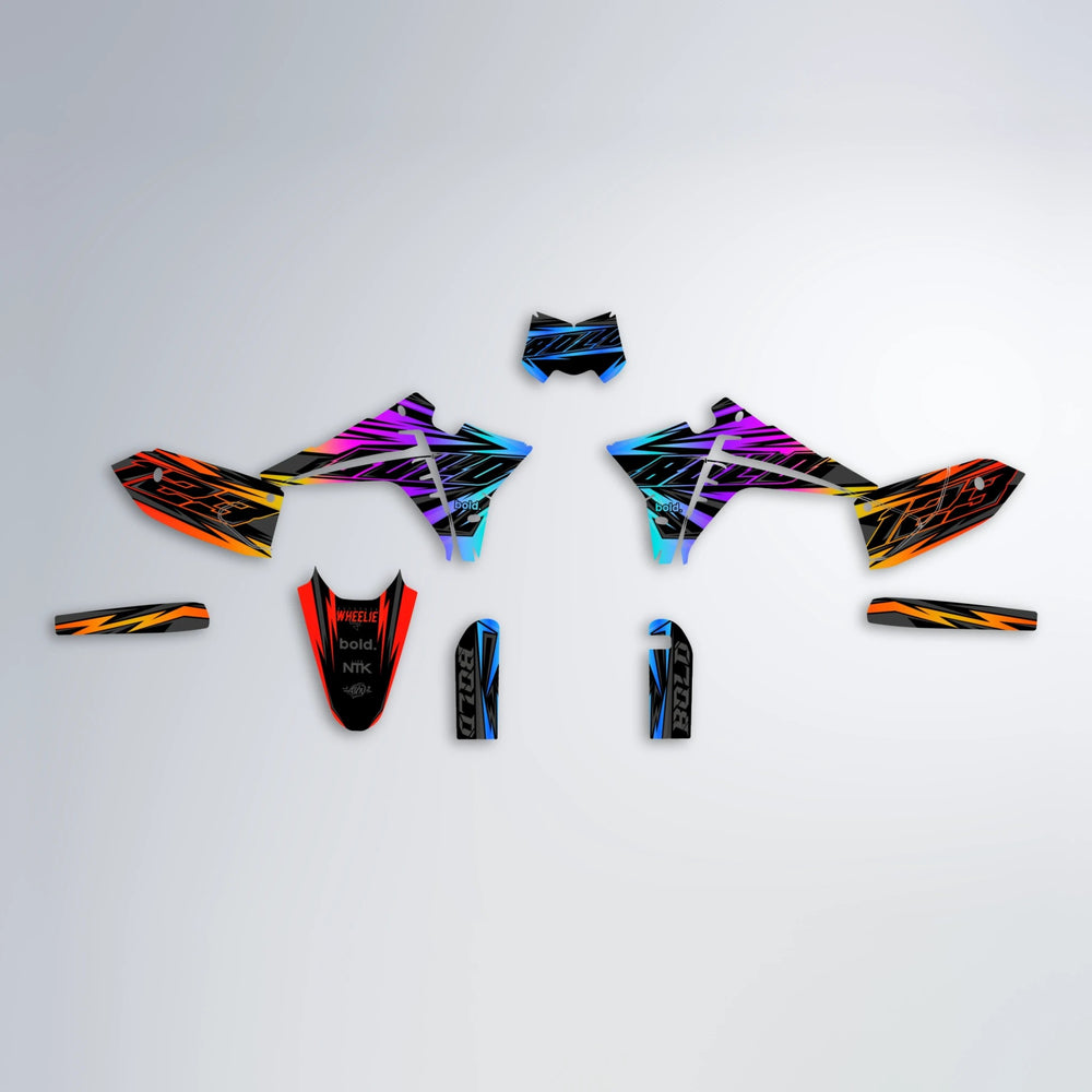 THUNDERSTRUCK Fantic graphics kit parts layout in Sunset Fade