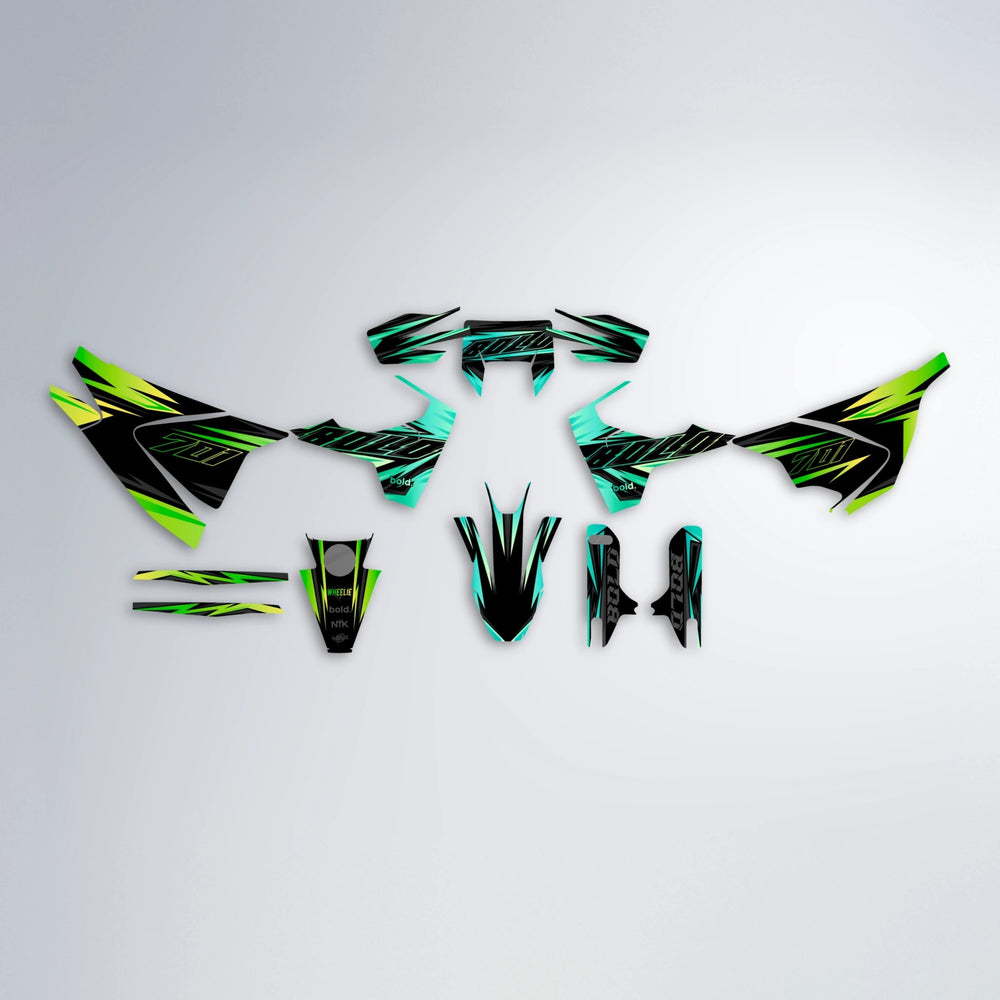 THUNDERSTRUCK Husqvarna 701 graphics kit parts layout in Cyan & Green