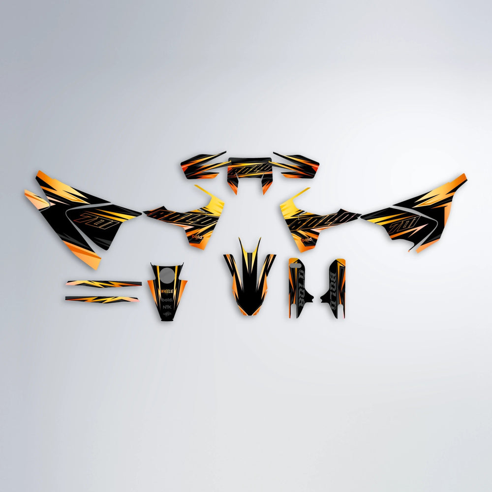 THUNDERSTRUCK Husqvarna 701 graphics kit parts layout in Orange & Yellow